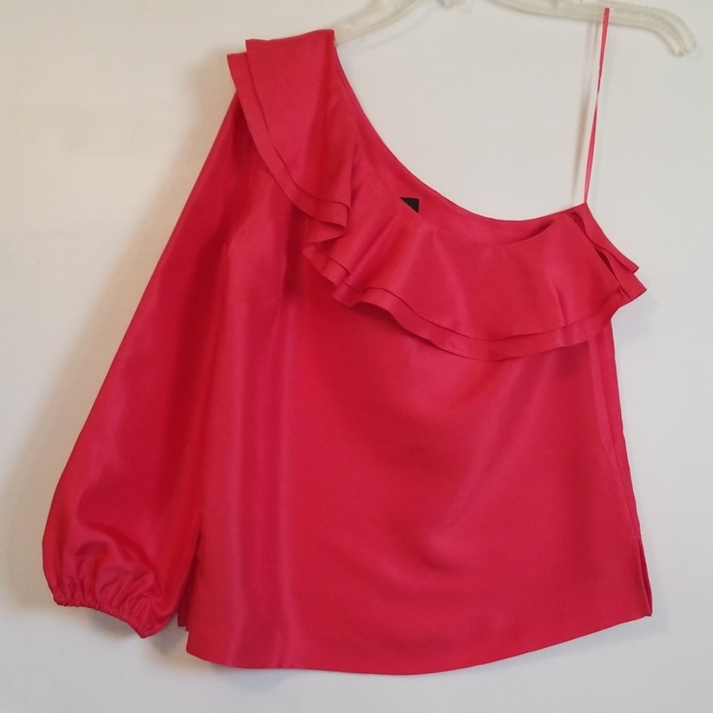 New J Crew Red Ruffle Silk Shantung Blouse